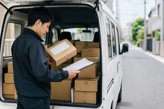 配送前の軽貨物ドライバーが荷物の住所確認、置き配指定、時間指定を順番に点検している場面。チェック用紙は抽象的で、読める文字や企業ロゴは入れない。
