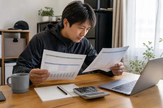 軽貨物ドライバーが自宅の机で売上と経費の試算表を見比べ、月ごとの手取りを確認している場面を描いたシーン画像