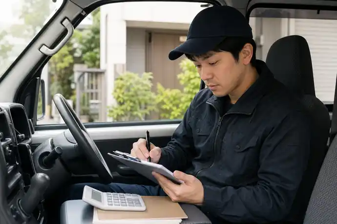 軽貨物ドライバーが配送後に車内で燃料費、車両費、保険、税金の支出予定を整理し、翌月の手残りを確認している場面を描いたシーン画像