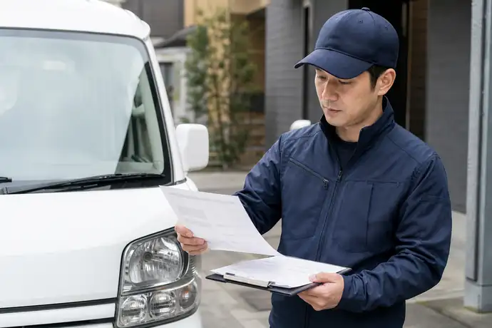 軽貨物ドライバーが配送車両の前でリース契約書と返却条件を確認し、選択肢を整理している場面を描いたシーン画像