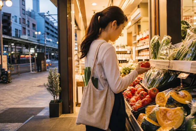 松戸駅周辺で仕事帰りに食材を買い、自炊の準備をする生活場面を伝えるシーン画像