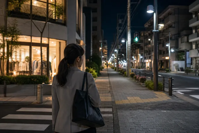 松戸駅から住宅街へ続く夜の帰宅経路を歩き、明るさや人通りを確認する場面を伝えるシーン画像