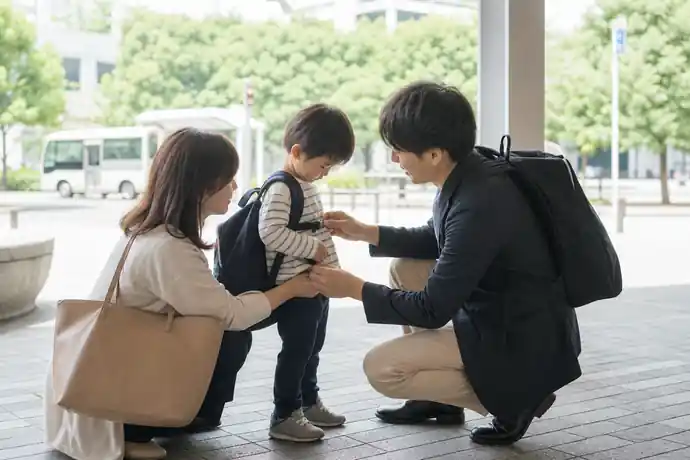 流山おおたかの森駅前の送迎保育ステーションを利用する共働き家庭が、朝の通園準備をしている場面