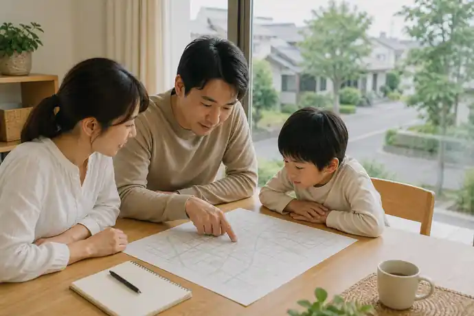 流山市の住宅街で親子が駅・保育園・公園への生活動線を地図で確認している場面