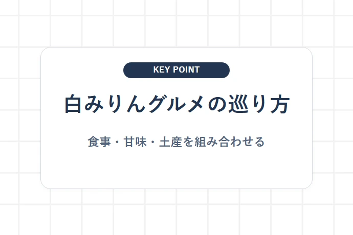 白みりんの風味を味わう！流山名物グルメ＆老舗の名店「白みりんグルメの巡り方、食事・甘味・土産を組み合わせる」を解説した図解