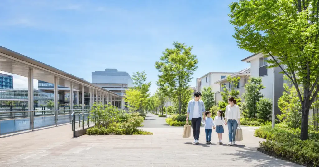 流山おおたかの森の駅前商業、緑の住宅地、家族の生活動線を紹介するアイキャッチ画像