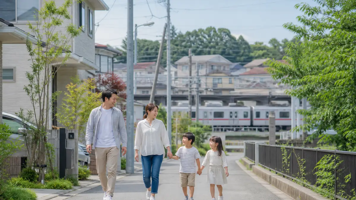 野田市の住宅地で家族が落ち着いた街並みと自然の近さを確かめている場面