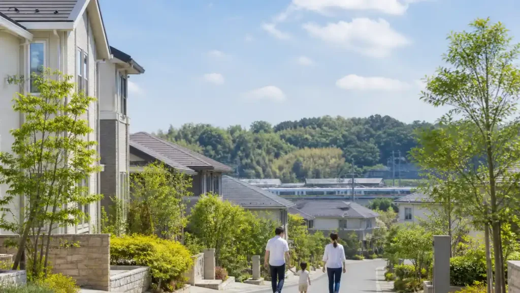 野田市のファミリー生活を表す戸建て住宅と緑、鉄道の風景