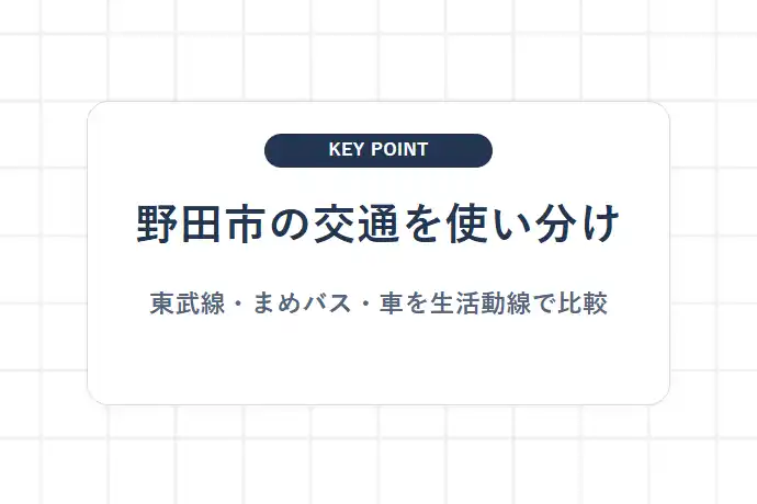 【交通アクセス】東武アーバンパークラインの利便性と柏・大宮方面への接続「野田市の交通を使い分け、東武線・まめバス・車を生活動線で比較」を解説した図解
