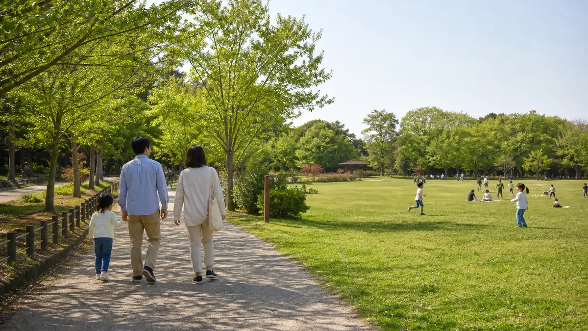 清水公園の緑の中で親子が休日の遊び場と散策路を楽しんでいる場面