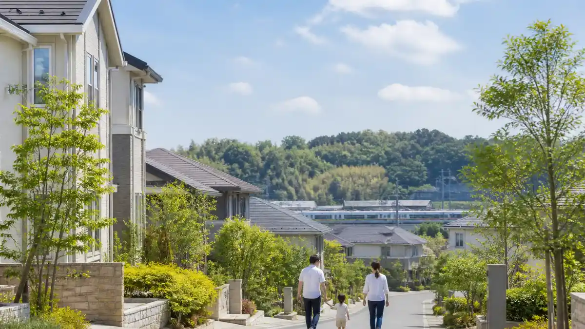 野田市のファミリー生活を表す戸建て住宅と緑、鉄道の風景