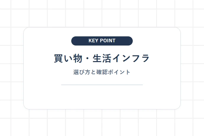 日常の買い物・生活インフラ|駅周辺スーパー・商店街・商業施設の利便性「買い物・生活インフラ、選び方と確認ポイント」を解説した図解