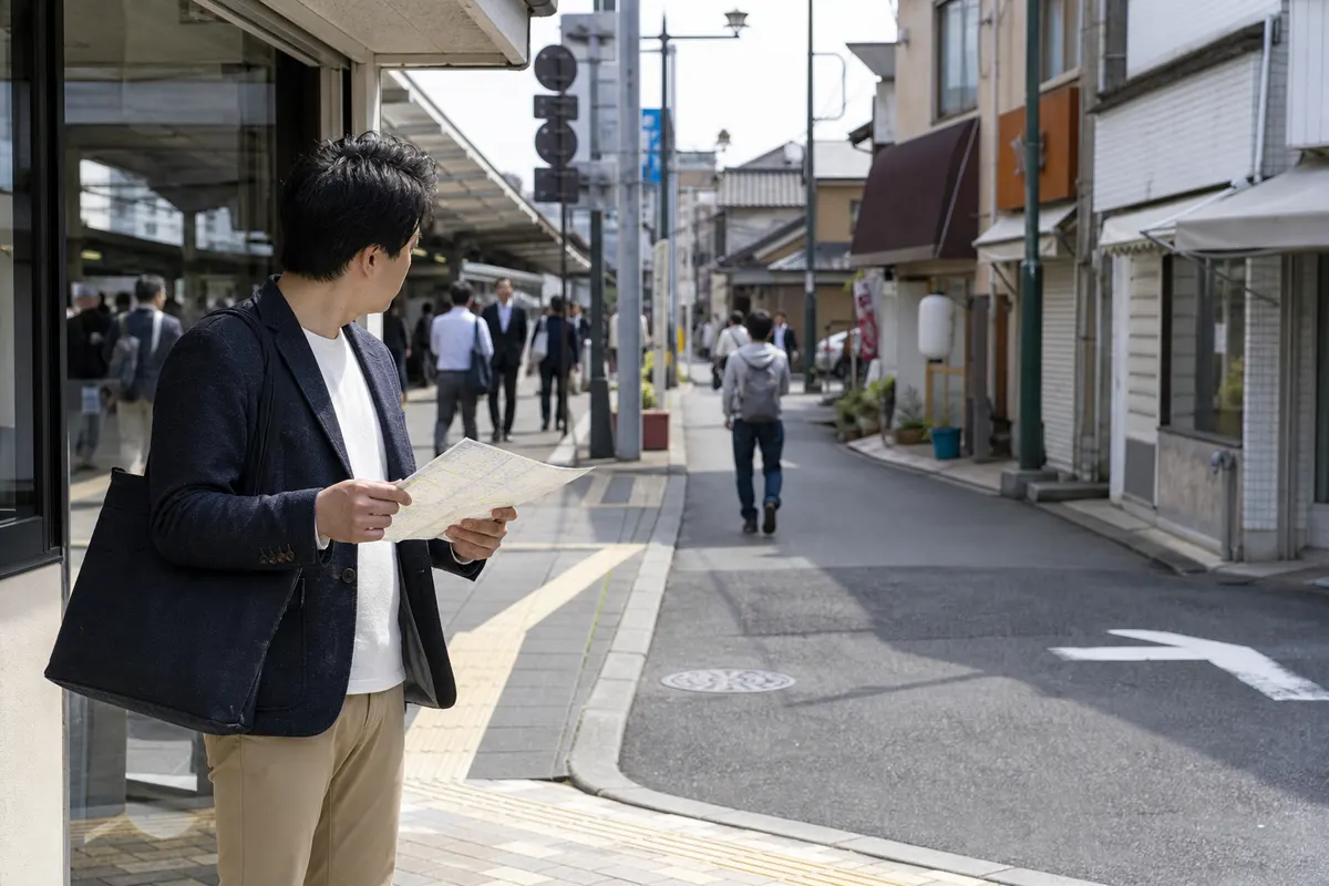 東葛の候補地を歩きながら起業希望者が駅前の人の流れと店舗立地を確認している場面