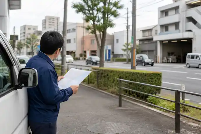国道沿いの営業車が目的地の搬入口と停車場所を確認している場面