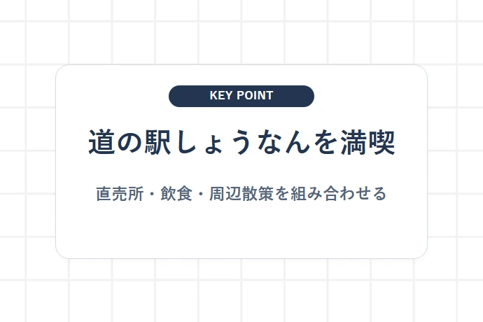 【柏】道の駅しょうなん｜直売所と地元飲食の一大拠点「道の駅しょうなんを満喫、直売所・飲食・周辺散策を組み合わせる」を解説した図解