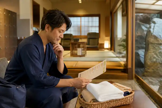 野田の温浴施設で利用者が岩盤浴と休憩の時間を計画している場面