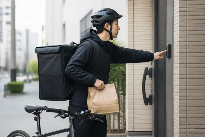スマートフォンの配達アプリを使い、料理や荷物を届ける配達パートナーの場面
