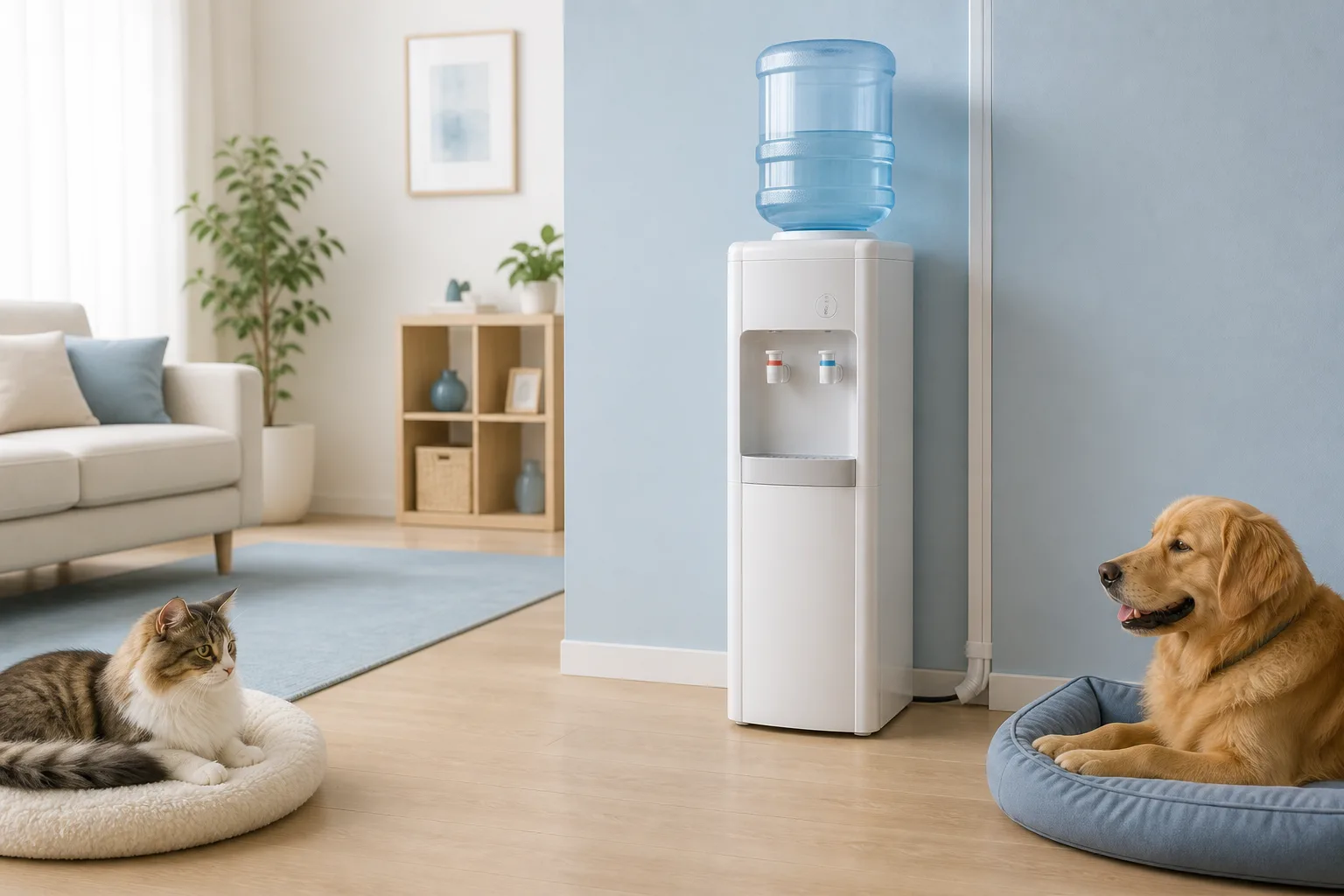 猫と犬がいる家庭で、ウォーターサーバーの転倒・誤出水・コード噛み対策を整理した場面