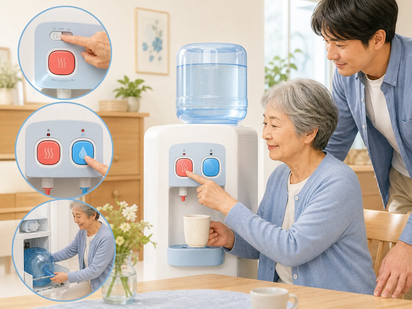 高齢者がウォーターサーバーを安全に操作し、家族が交換や清掃を支援する場面