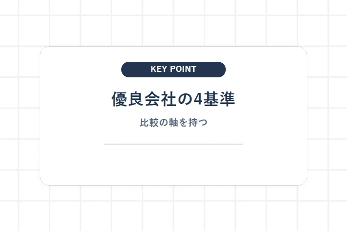 優良なDP委託会社(一次請け会社)を見分ける4つの判断基準「優良会社の4基準、比較の軸を持つ」を解説した図解