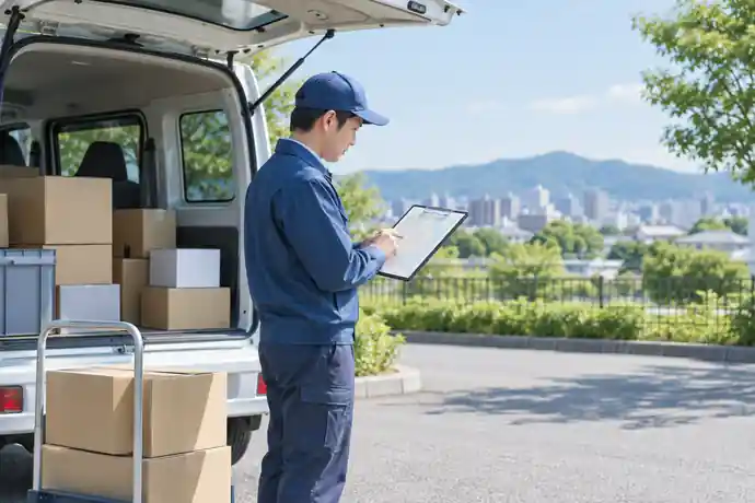 配送前に荷物の積み方とルートを確認し、無理のない配達計画を立てるドライバーの様子