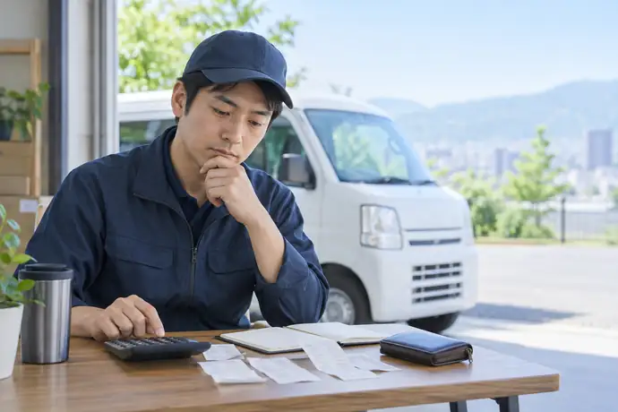 燃料費や車両費を計算し、手取りを守るための経費管理を行う配送ドライバーの様子