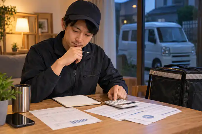 専業と副業の配送時間や経費をノートに書き出して比較する軽貨物ドライバーの仕事風景