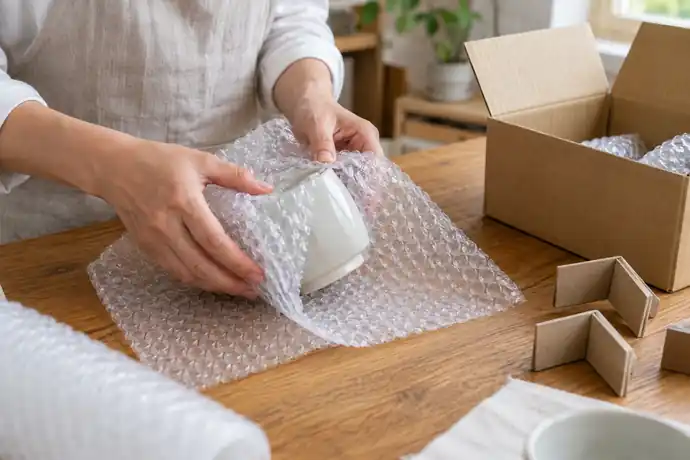 気泡緩衝材で小型の荷物を包み、角には厚紙を添えている梱包作業の様子
