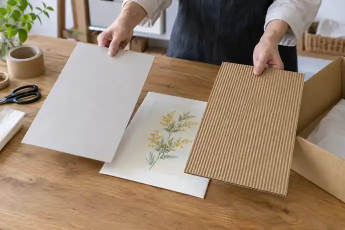 厚紙と段ボール板を薄型の品物に当て、梱包材を選んでいる作業台の様子