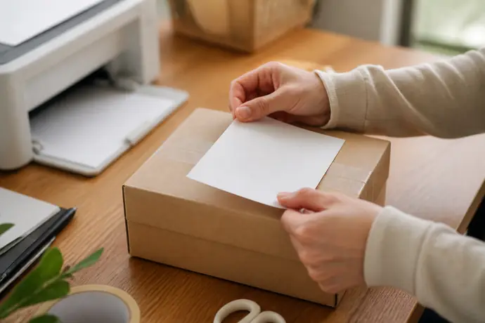 クリックポストのラベルを荷物へ貼り付ける場面を伝えるシーン画像
