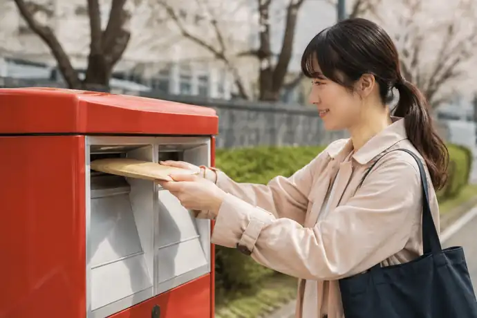 クリックポストの荷物を郵便ポストへ投函する場面を伝えるシーン画像