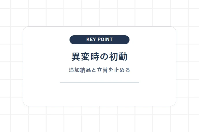 取引先の倒産・音信不通に気づいたときの初動「異変時の初動、追加納品と立替を止める」を解説した図解
