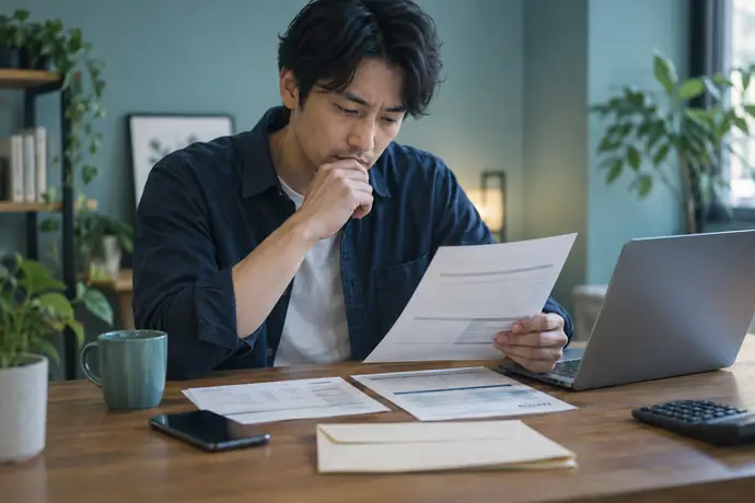 取引先の状況を確認し、契約書と売掛金資料をそろえて相談準備をしている場面