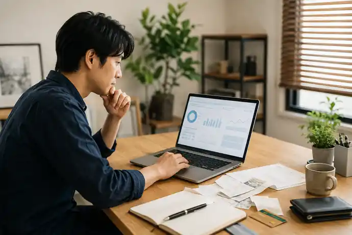 導入初期につまずかないための月次ルーティンと初期設定のコツの内容を確認する個人事業主の自然な仕事風景