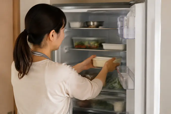 冷蔵庫で食品を発送前に予冷する場面を伝えるシーン画像