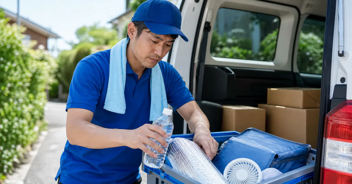 軽貨物・外回りフリーランスの熱中症予防と猛暑対策！車内環境改善・水分塩分補給と緊急対応マニュアルをイメージしたアイキャッチ