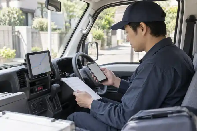 配達前に複数の地図画面と住所情報を照合している軽貨物ドライバーの仕事風景