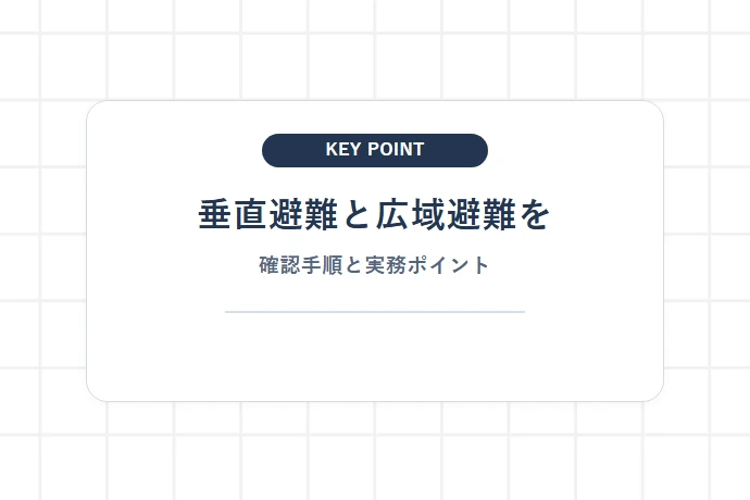 垂直避難と広域避難を検討するときのチェック項目「垂直避難と広域避難を、確認手順と実務ポイント」を解説した図解
