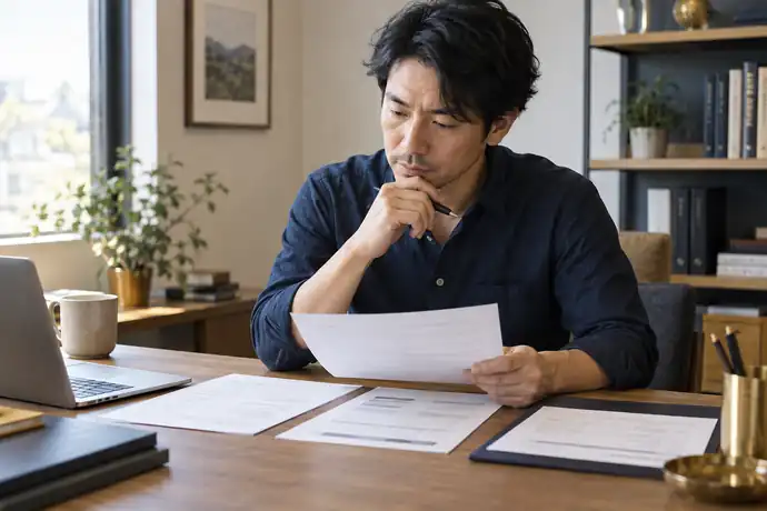 契約書の費用・買戻し・送金条項を項目ごとに確かめる個人事業主の様子