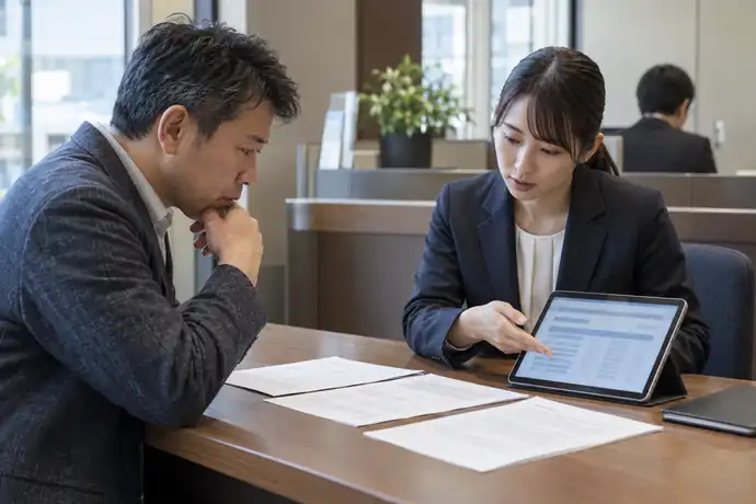 事業者が金融機関の担当者とでんさいの期日前資金化条件を確認している場面
