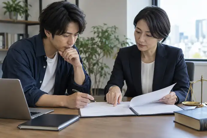 継続業務の契約書と債権譲渡の資料を専門家と確認している場面