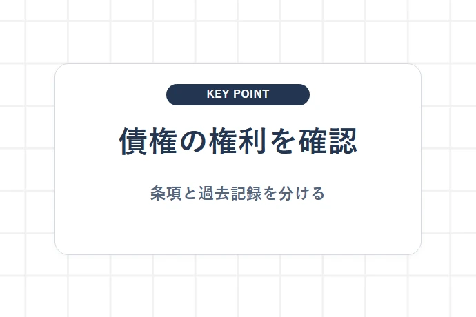 債権の権利関係チェック｜譲渡制限条項・既存譲渡・担保設定の有無「権利関係を分けて確認、法律・契約・受付条件」を解説した図解