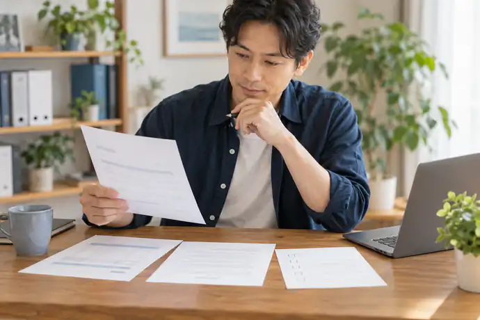 個人事業主が請求書・契約書・申込条件を並べ、ファクタリングの利用条件を一つずつ照合している場面
