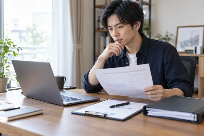 IT受託事業者がノートPCの稼働記録と開発案件の資料を照合し、仕様変更や承認状況を確認している場面