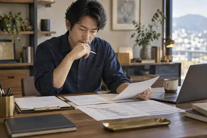 発注書と工程記録を照らし、請求書発行前の業務進捗を確認する個人事業主の様子