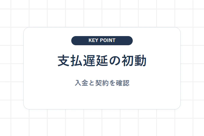 支払期日を過ぎたら入金状況と契約の報告条件を整理する「支払遅延の初動、入金と契約を確認」を解説した図解