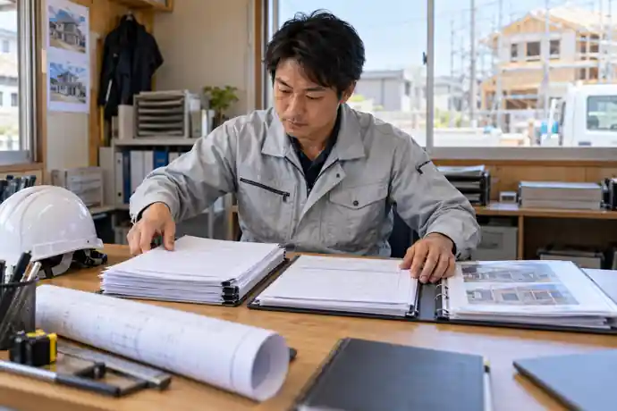 小規模な建設事業者が契約書、出来高資料、工事台帳を机上で照合し、相談前の書類を整理している場面
