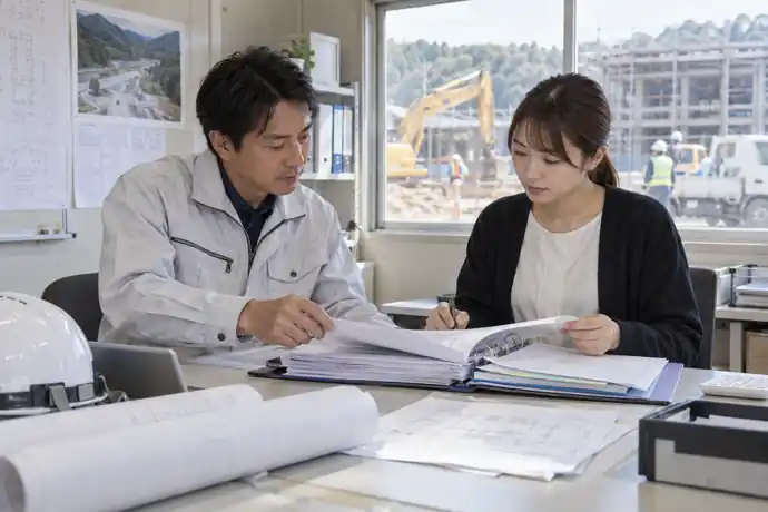 建設会社の事務所で現場責任者と担当者が融資申請書類を確認している場面