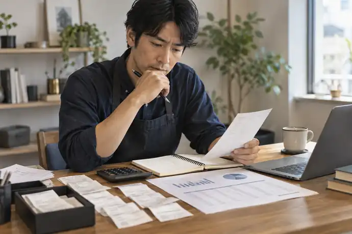 資金繰り表と支払予定を見比べ、手数料負担を整理する個人事業主の様子