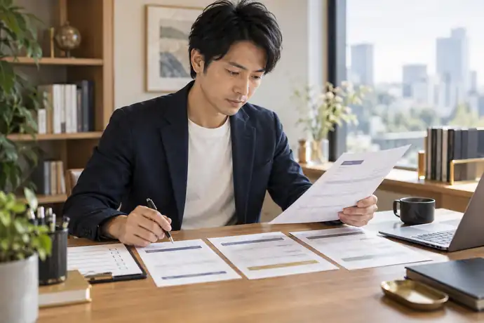 請求書・追加資料を取引ごとに整理し、提出前の確認点を見直す個人事業主の様子